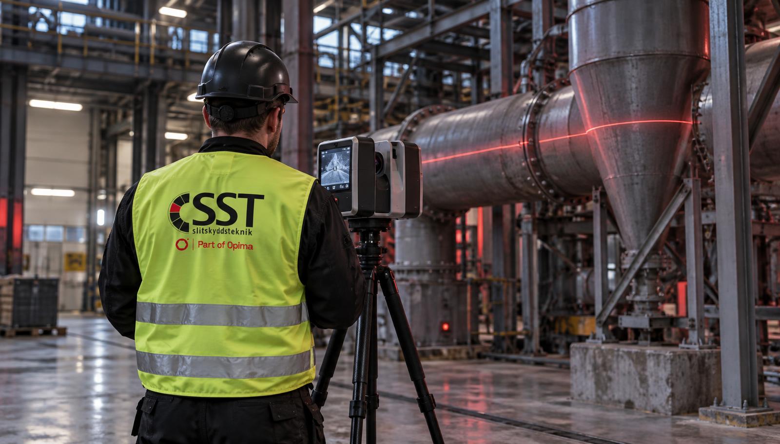 SST-tekniker i varselväst skannar utrustning med 3D-skanner